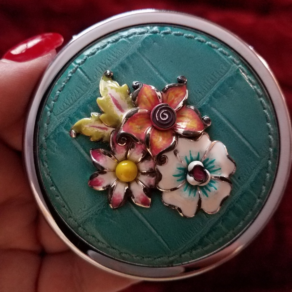 Brighton ~Turquoise Leather, Enamel Blooms Mirror